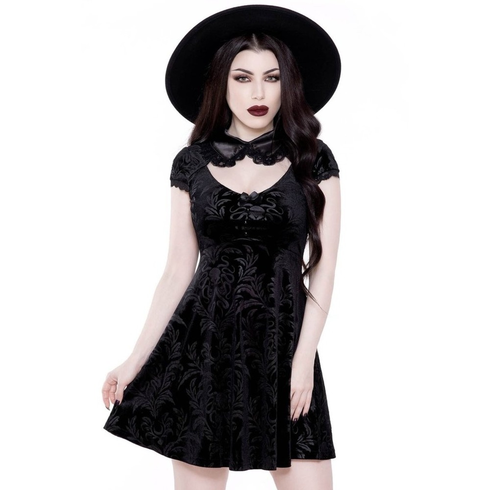 KILLSTAR Dress XL - Darkla Skater - BLACK Velvet Mini Dress Goth Witch Metal